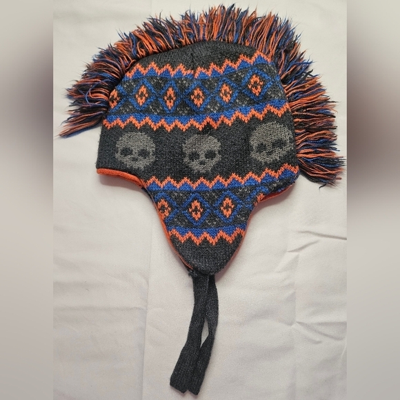 Unbranded Other - Unbranded Boys Gray, Blue And Orange Skull Mohawked Winter Hat With Ear Flaps